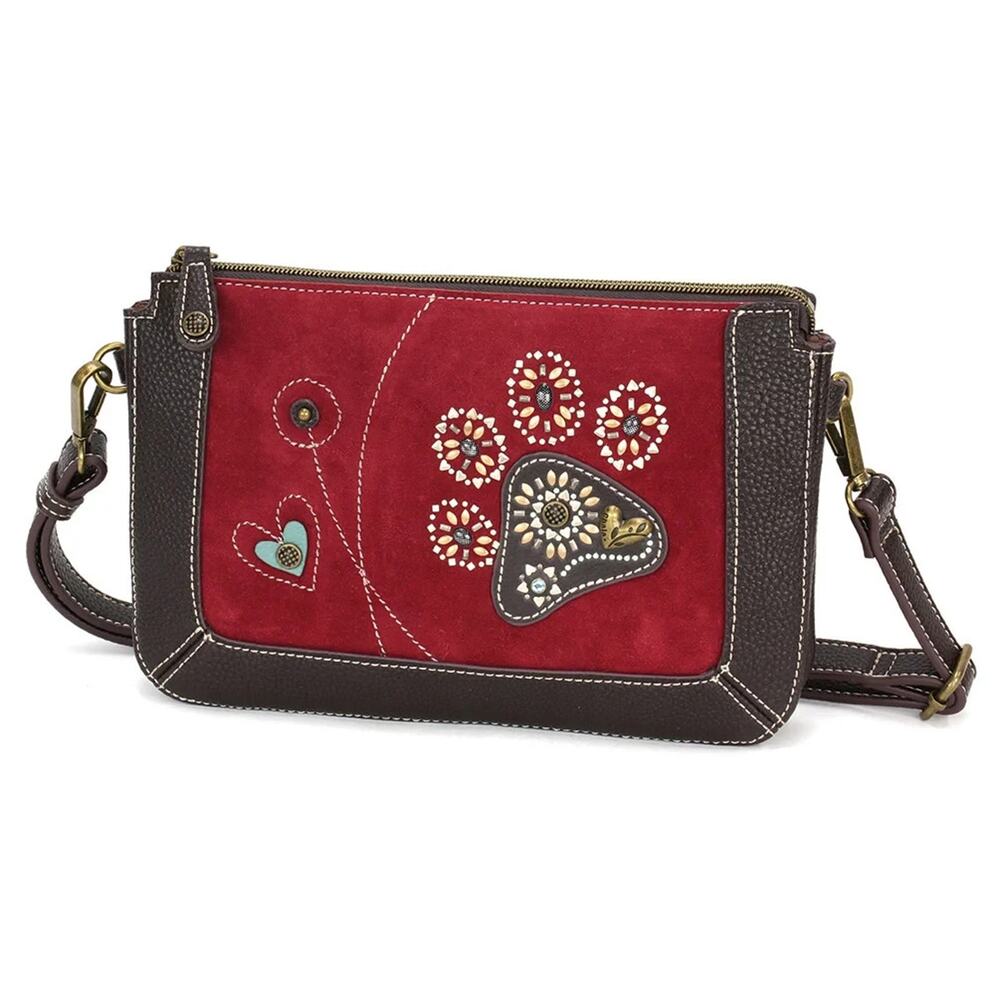Chala Dazzled Faux Leather Zip Pouch Crossbody Purse - Paw Print, Burgundy NWT